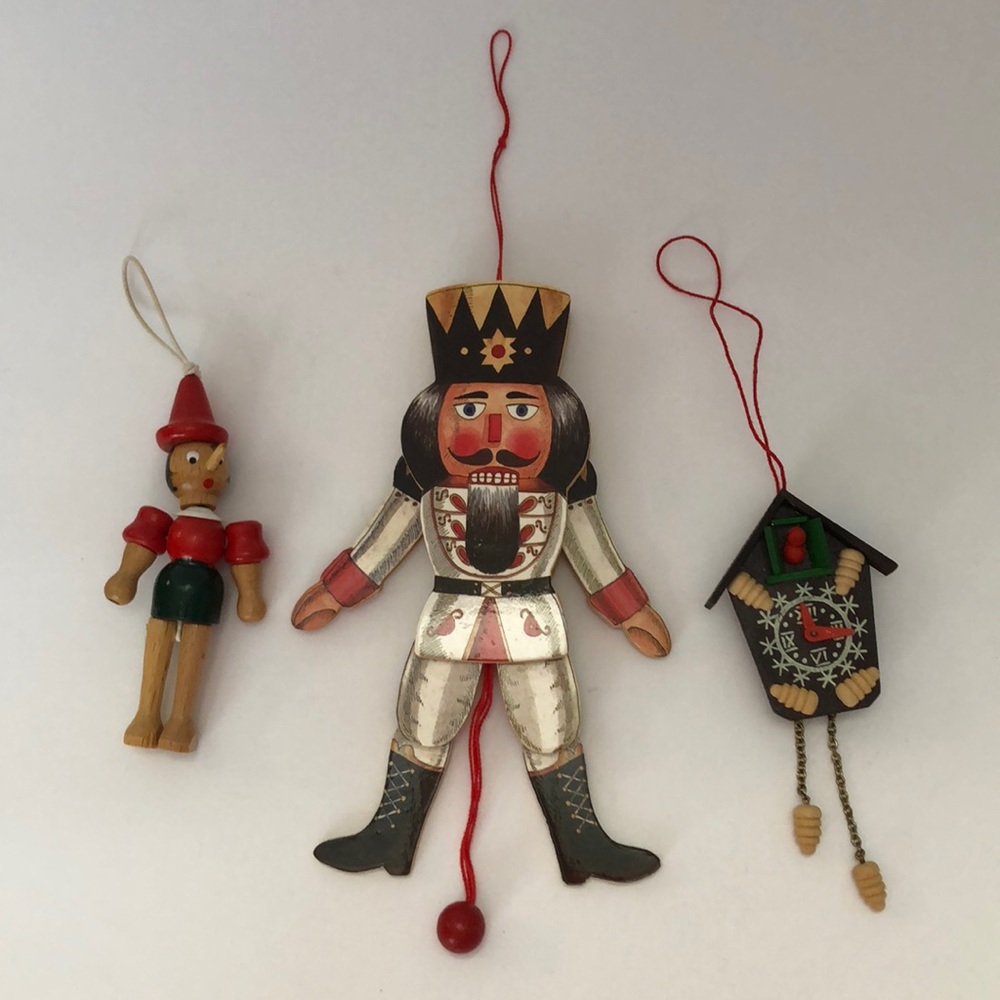Bundle Vintage Wooden Ornaments-Italy Pinocchio Germany Clock  And Nutcracker